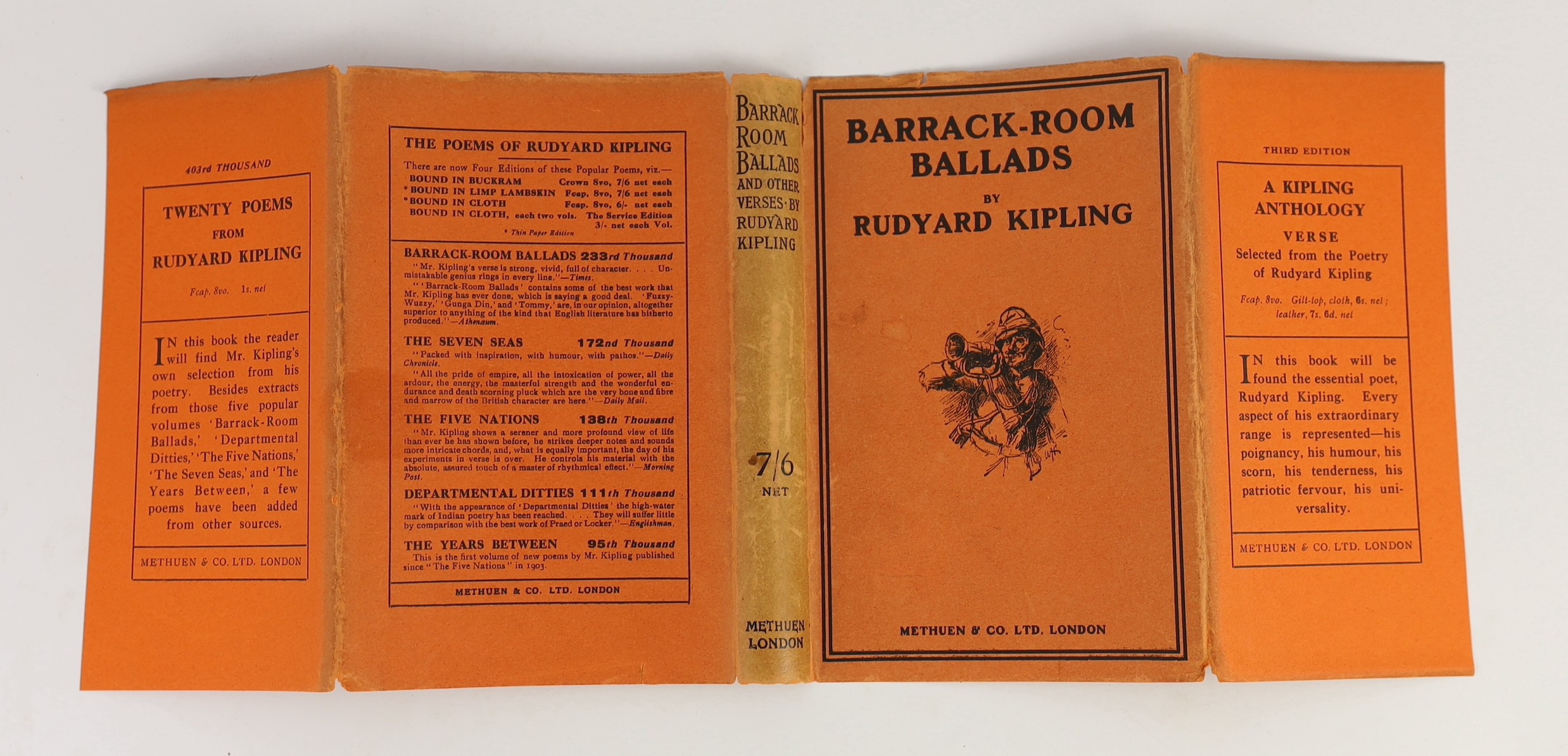 Kipling, Rudyard - Barrack Room Ballads and Other Verses, 55th edition, title illus., half title; publisher's gilt-lettered cloth and pictorial d/wrapper. 1921. signed by the author on title